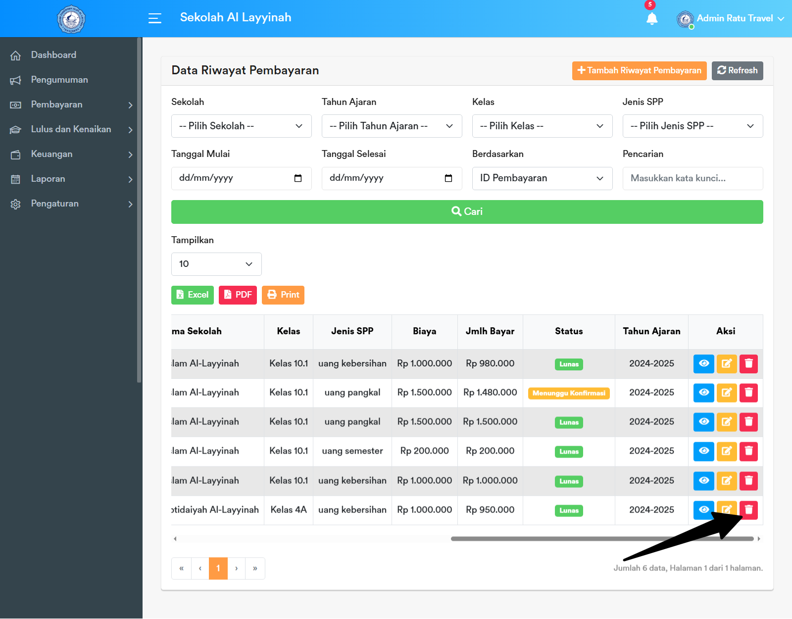 Tombol Hapus Riwayat Pembayaran